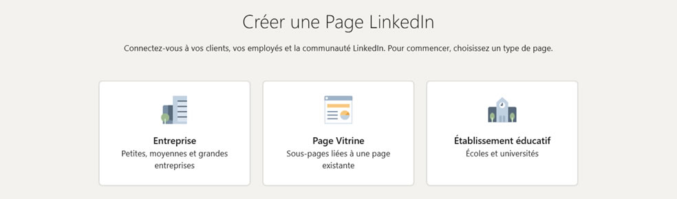 Interface de sélection du type de page LinkedIn