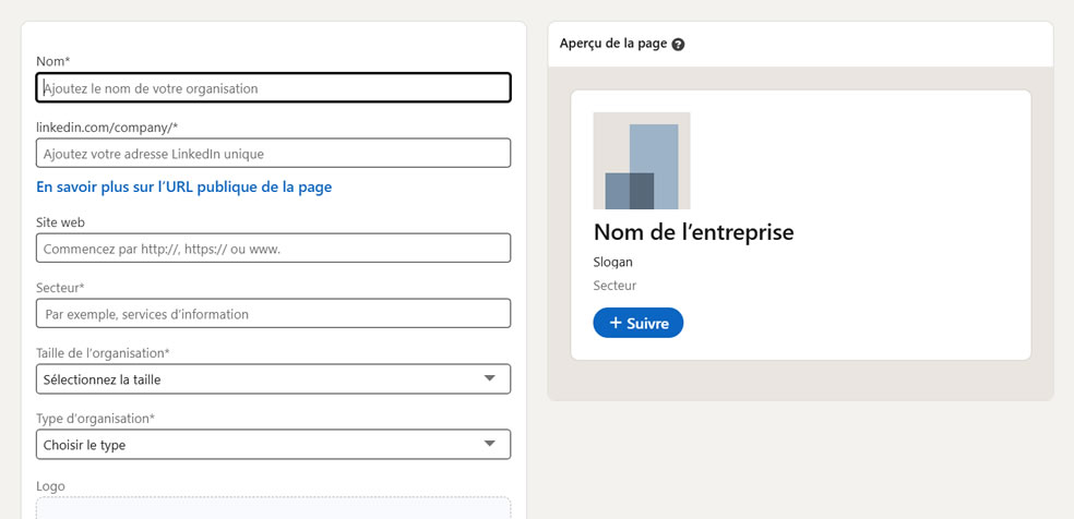 Panneau de création d'une page entreprise LinkedIn